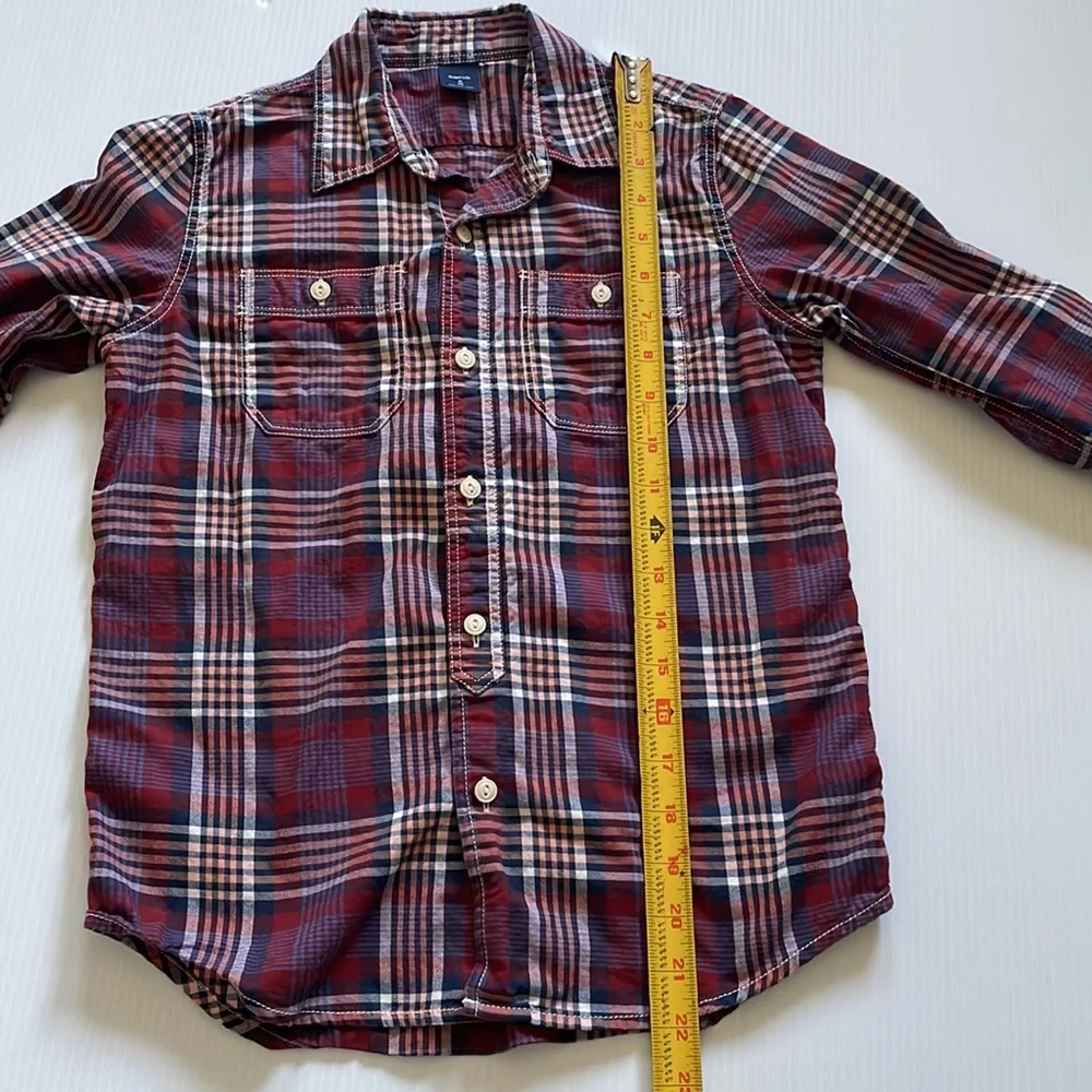 Gap kids burgundy, navy and white plaid button down, cotton shirt.  Boy’s medium